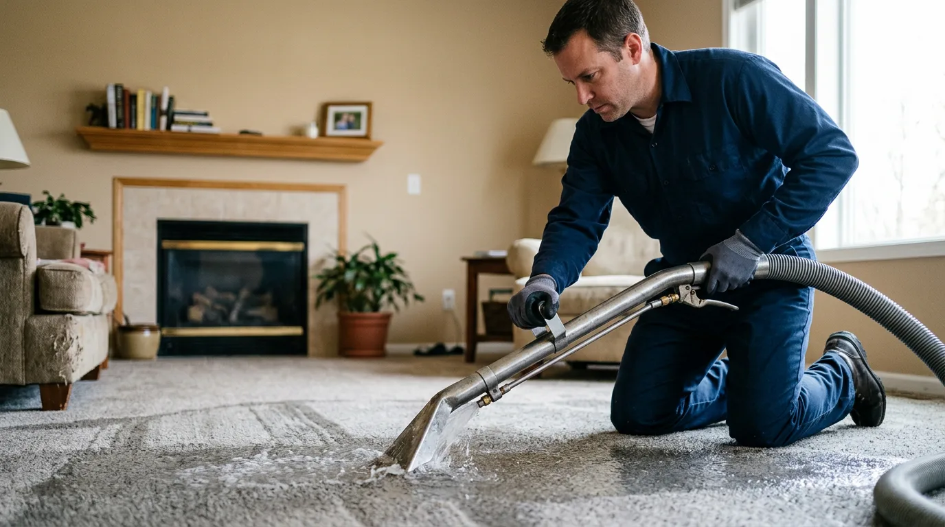 Water damage restoration technician working near North Henderson, IL